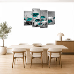 LR Floral Wall Art Picture – Grey & Teal Poppy Framed 4 Panel Split Canvas Print | Ready to Hang | Modern Wall Art for Living Room, Bedroom & Office