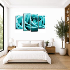 LR Wall Art Floral Teal Rose Artwork Set of 4 Wall Art Picture Framed 4 Panel Split Canvas Print | Ready to Hang | Modern Wall Art for Living Room, Bedroom & Office