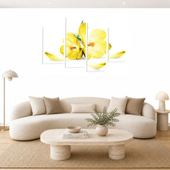 LR Floral Rose Orchid Wall Art Picture – Yellow & White Framed 4 Panel Split Canvas Print | Ready to Hang | Modern Wall Art for Living Room, Bedroom & Office