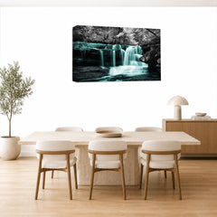 LR Teal Waterfall Wall Art Picture – Grey & White Forest Framed Canvas Print | Ready to Hang | Modern Wall Art for Living Room, Bedroom & Office