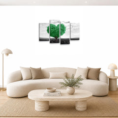 LR Floral Love Heart Wall Art Picture – Grey & Green Tree Framed 4 Panel Split Canvas Print | Ready to Hang | Modern Wall Art for Living Room, Bedroom & Office