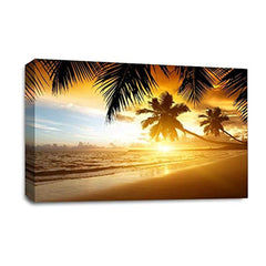 LR Sunset Beach Tropical Wall Art Picture – Seascape Framed Canvas Print | Ready to Hang | Modern Wall Art for Living Room, Bedroom & Office