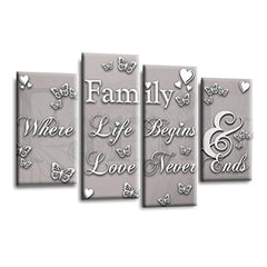 LR Family Love Quote Wall Art Picture – Grey, White & Powder Grey Framed 4 Panel Split Canvas Print | Ready to Hang | Modern Wall Art for Living Room, Bedroom & Office