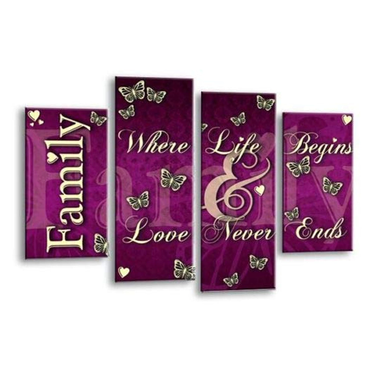 LR Family Love Quote Wall Art Picture – Purple & Cream Framed 4 Panel Split Canvas Print | Ready to Hang | Modern Wall Art for Living Room, Bedroom & Office