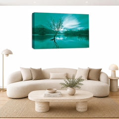 LR Landscape Sunset Wall Art Picture – Teal & Cream Seascape Framed Canvas Print | Ready to Hang | Modern Wall Art for Living Room, Bedroom & Office