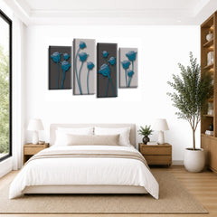 LR Teal Floral Rose Wall Art Picture – Grey Framed 4 Panel Split Canvas Print | Ready to Hang | Modern Wall Art for Living Room, Bedroom & Office
