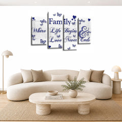 LR Family Love Quote Wall Art Picture – Blue & White Framed 4 Panel Split Canvas Print | Ready to Hang | Modern Wall Art for Living Room, Bedroom & Office