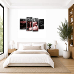 LR Red Waterfall Wall Art Picture – Black & White Forest Framed 4 Panel Split Canvas Print | Ready to Hang | Modern Wall Art for Living Room, Bedroom & Office