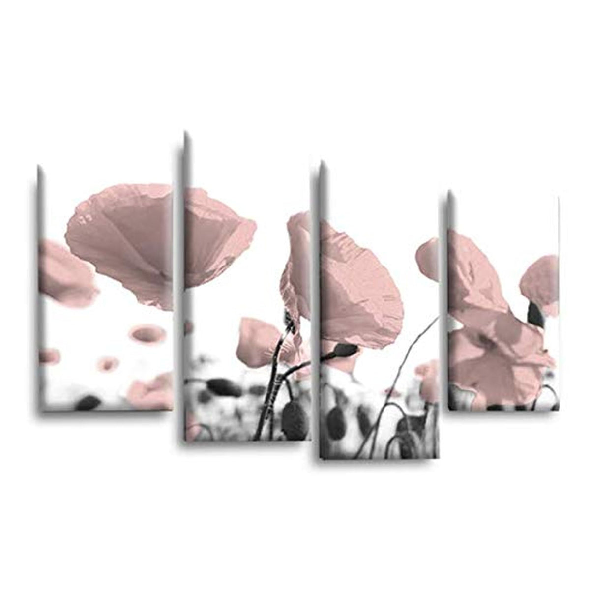 LR Floral Rose Wall Art Picture – Pink & White Framed 4 Panel Split Canvas Print | Ready to Hang | Modern Wall Art for Living Room, Bedroom & Office