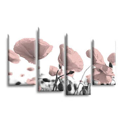 LR Floral Rose Wall Art Picture – Pink & White Framed 4 Panel Split Canvas Print | Ready to Hang | Modern Wall Art for Living Room, Bedroom & Office