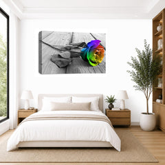 LR Floral Rainbow Rose Wall Art Picture – Grey, White Framed Canvas Print | Ready to Hang | Modern Wall Art for Living Room, Bedroom & Office