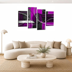 LR Abstract Wall Art Picture – Purple, Grey & White Modern Framed 4 Panel Split Canvas Print | Ready to Hang | Modern Wall Art for Living Room, Bedroom & Office
