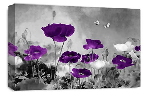 LR Grey Floral Canvas Art Picture Purple White Chinese Poppy Flower Love Wall Panel Print