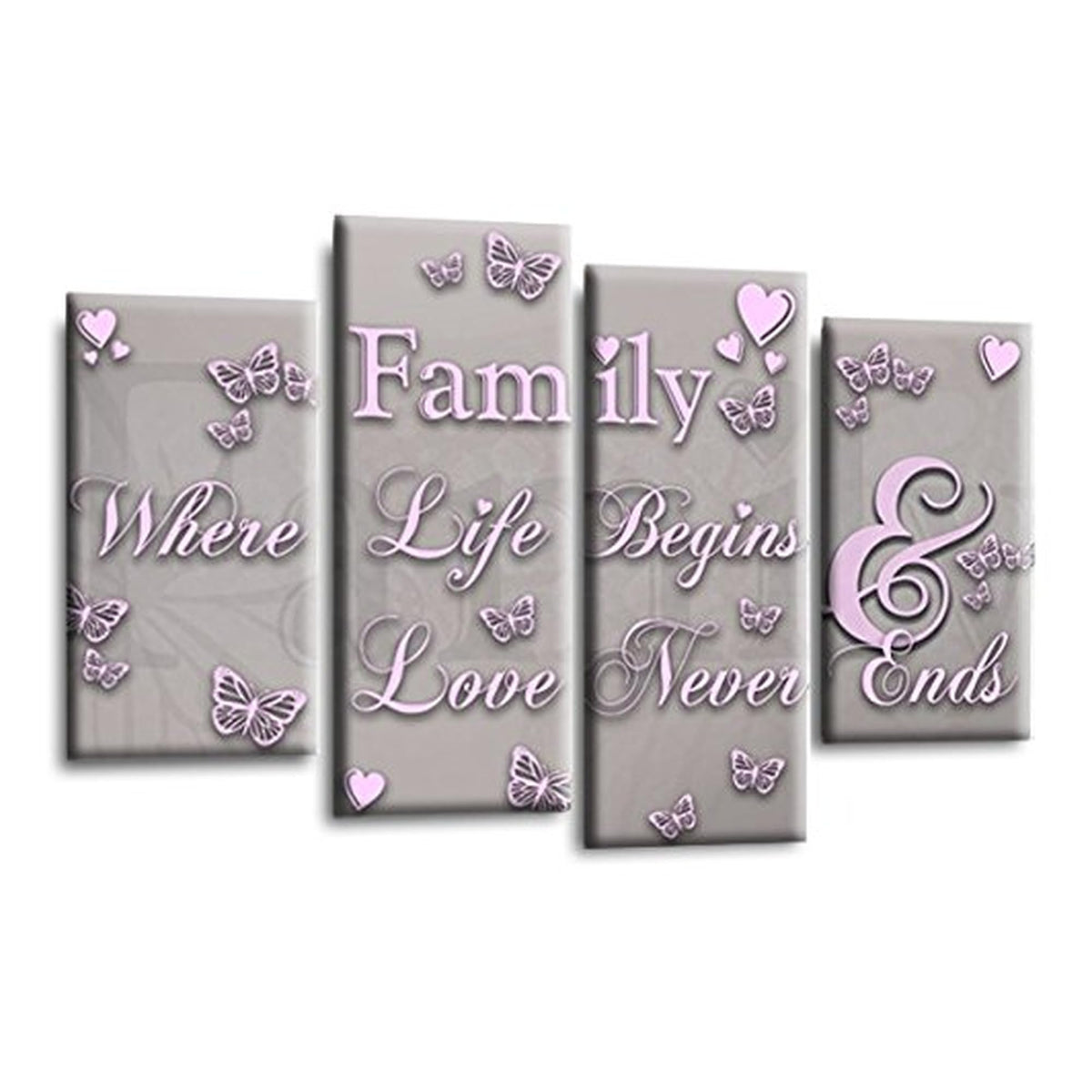 LR Family Love Quote Wall Art Picture – Grey, Pink & Powder Grey Framed 4 Panel Split Canvas Print | Ready to Hang | Modern Wall Art for Living Room, Bedroom & Office