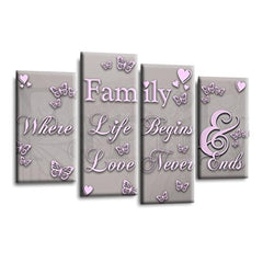 LR Family Love Quote Wall Art Picture – Grey, Pink & Powder Grey Framed 4 Panel Split Canvas Print | Ready to Hang | Modern Wall Art for Living Room, Bedroom & Office