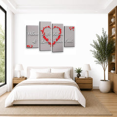LR Love Quote Wall Art Picture – Grey & Red Framed 4 Panel Split Canvas Print | Ready to Hang | Modern Wall Art for Living Room, Bedroom & Office