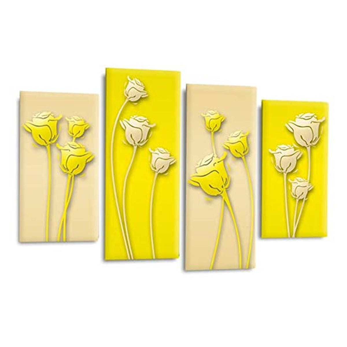 LR Floral Rose Wall Art Picture – Yellow & Cream Framed 4 Panel Split Canvas Print | Ready to Hang | Modern Wall Art for Living Room, Bedroom & Office