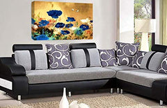 LR Floral Rose Poppy Wall Art Picture Cream Blue Chinese Flower Framed Canvas Print Ready to Hang