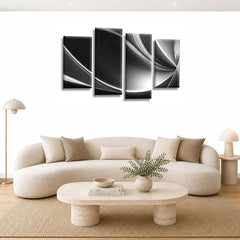 LR Grey Abstract Wall Art Picture – Black & White Modern Framed 4 Panel Split Canvas Print | Ready to Hang | Modern Wall Art for Living Room, Bedroom & Office
