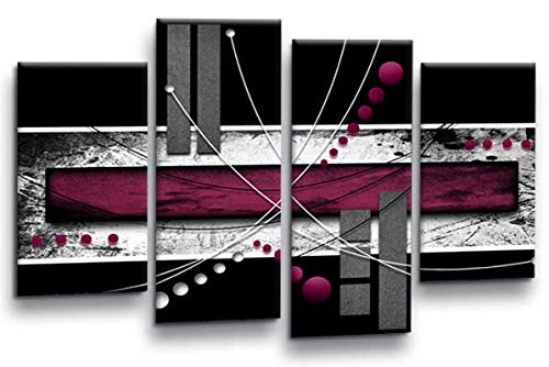 LR Black White Abstract Wall Art Picture – Burgundy Modern Framed 4 Panel Split Canvas Print | Ready to Hang | Modern Wall Art for Living Room, Bedroom & Office
