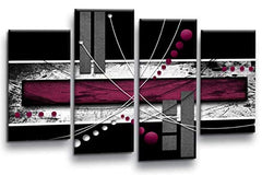 LR Black White Abstract Wall Art Picture – Burgundy Modern Framed 4 Panel Split Canvas Print | Ready to Hang | Modern Wall Art for Living Room, Bedroom & Office