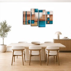 LR Teal Abstract Wall Art Picture – Cream Modern Framed 4 Panel Split Canvas Print | Ready to Hang | Modern Wall Art for Living Room, Bedroom & Office