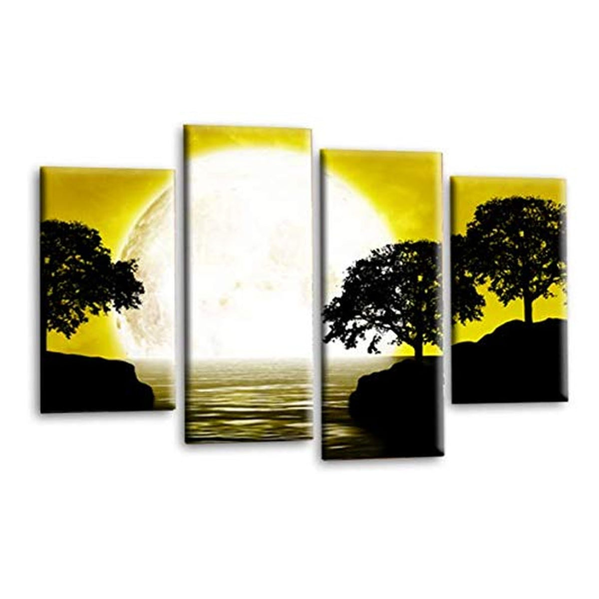 LR Landscape Wall Art Picture – Black, White & Mustard Floral Framed 4 Panel Split Canvas Print | Ready to Hang | Modern Wall Art for Living Room, Bedroom & Office