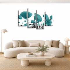 LR Floral Rose Poppy Wall Art Picture – Teal & White Framed 4 Panel Split Canvas Print | Ready to Hang | Modern Wall Art for Living Room, Bedroom & Office