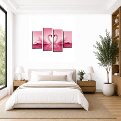 LR Love Swans Wall Art Picture – Pink & Cream Heart Framed 4 Panel Split Canvas Print | Ready to Hang | Modern Wall Art for Living Room, Bedroom & Office