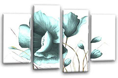 LR Teal Floral Wall Art Picture – Grey & White Framed 4 Panel Split Canvas Print | Ready to Hang | Modern Wall Art for Living Room, Bedroom & Office