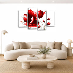 LR Floral Wall Art Picture – Red & White Framed 4 Panel Split Canvas Print | Ready to Hang | Modern Wall Art for Living Room, Bedroom & Office