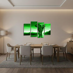 LR Elephant Sunset Wall Art Picture – Grey & Green African Framed 4 Panel Split Canvas Print | Ready to Hang | Modern Wall Art for Living Room, Bedroom & Office