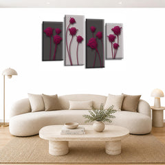 LR Purple Floral Rose Wall Art Picture – Grey Framed 4 Panel Split Canvas Print | Ready to Hang | Modern Wall Art for Living Room, Bedroom & Office