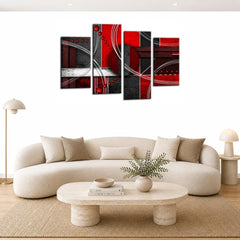 LR Abstract Wall Art Picture – Red, Black & White Modern Framed 4 Panel Split Canvas Print | Ready to Hang | Modern Wall Art for Living Room, Bedroom & Office
