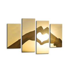 LR Sunset Love Heart Wall Art Picture – Yellow & Gold Framed 4 Panel Split Canvas Print | Ready to Hang | Modern Wall Art for Living Room, Bedroom & Office