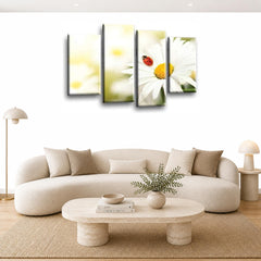 LR Floral Wall Art Picture – Yellow & White Daisy Framed 4 Panel Split Canvas Print | Ready to Hang | Modern Wall Art for Living Room, Bedroom & Office