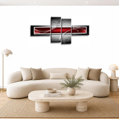 LR Red Grey Abstract Wall Art Picture – Black Modern Framed 4 Panel Split Canvas Print | Ready to Hang | Modern Wall Art for Living Room, Bedroom & Office