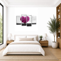 LR Floral Love Heart Wall Art Picture – Grey & Pink Tree Framed 4 Panel Split Canvas Print | Ready to Hang | Modern Wall Art for Living Room, Bedroom & Office