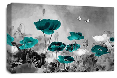 LR Grey Floral Wall Art Picture – Teal & White Poppy Framed Canvas Print | Ready to Hang | Modern Wall Art for Living Room, Bedroom & Office