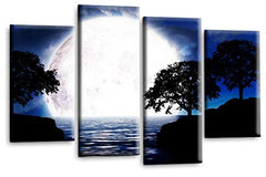 LR Landscape Canvas Wall Art Picture Black White Blue Big Moon Lake Floral Framed Split Panel Canvas Print