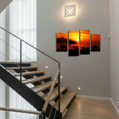 LR Elephant Sunset Wall Art Picture – Grey & Orange African Framed 4 Panel Split Canvas Print | Ready to Hang | Modern Wall Art for Living Room, Bedroom & Office