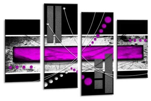 LR Abstract Wall Art Picture – Purple, Black & White Modern Framed 4 Panel Split Canvas Print | Ready to Hang | Modern Wall Art for Living Room, Bedroom & Office