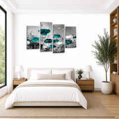 LR Floral Wall Art Picture – Grey & Teal Poppy Framed 4 Panel Split Canvas Print | Ready to Hang | Modern Wall Art for Living Room, Bedroom & Office