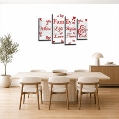 LR Family Love Quote Wall Art Picture – Red & White Framed 4 Panel Split Canvas Print | Ready to Hang | Modern Wall Art for Living Room, Bedroom & Office