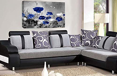 LR Grey Floral Canvas Art Picture Blue White Chinese Poppy Flower Love Wall Panel Print