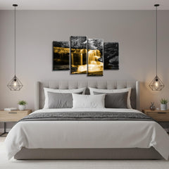 LR Waterfall Orange Wall Art Picture – Grey & Forest Framed 4 Panel Split Canvas Print | Ready to Hang | Modern Wall Art for Living Room, Bedroom & Office