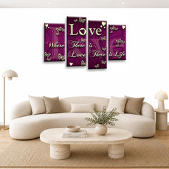 LR Love Wall Art Picture – Purple & Cream Quote Framed 4 Panel Split Canvas Print | Ready to Hang | Modern Wall Art for Living Room, Bedroom & Office