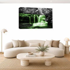 LR Green Waterfall Wall Art Picture – Grey & White Forest Framed Canvas Print | Ready to Hang | Modern Wall Art for Living Room, Bedroom & Office