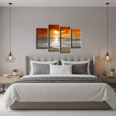 LR Sunset Beach Wall Art Picture – Grey & Orange Seascape Framed 4 Panel Split Canvas Print | Ready to Hang | Modern Wall Art for Living Room, Bedroom & Office