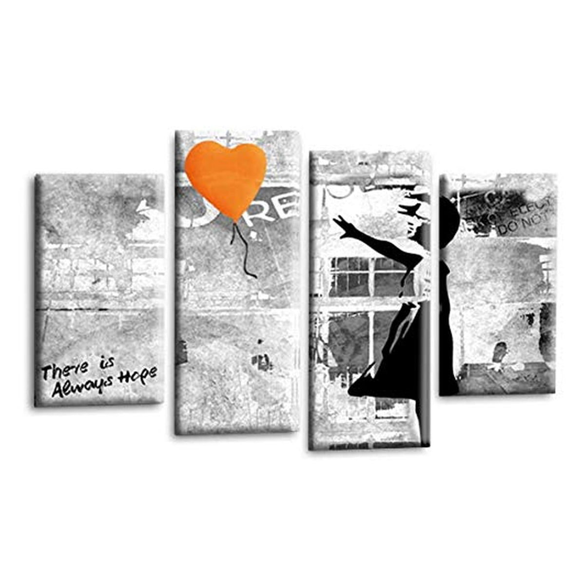 LR Banksy Wall Art Picture – Grey & Orange Graffiti Art Framed 4 Panel Split Canvas Print | Ready to Hang | Modern Wall Art for Living Room, Bedroom & Office